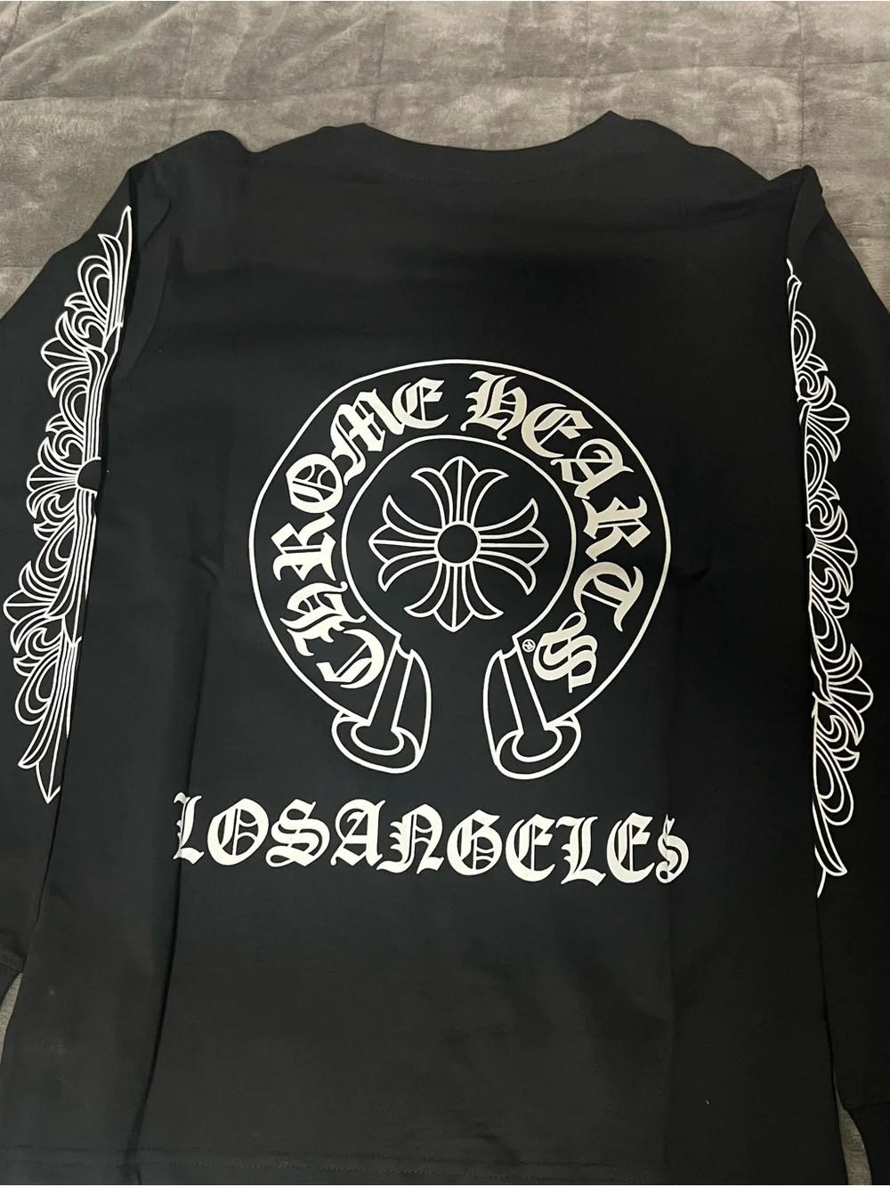 Black Chrome Hearts Long-Sleeve Graphic Pocket Sweater with White Sleeve Prints